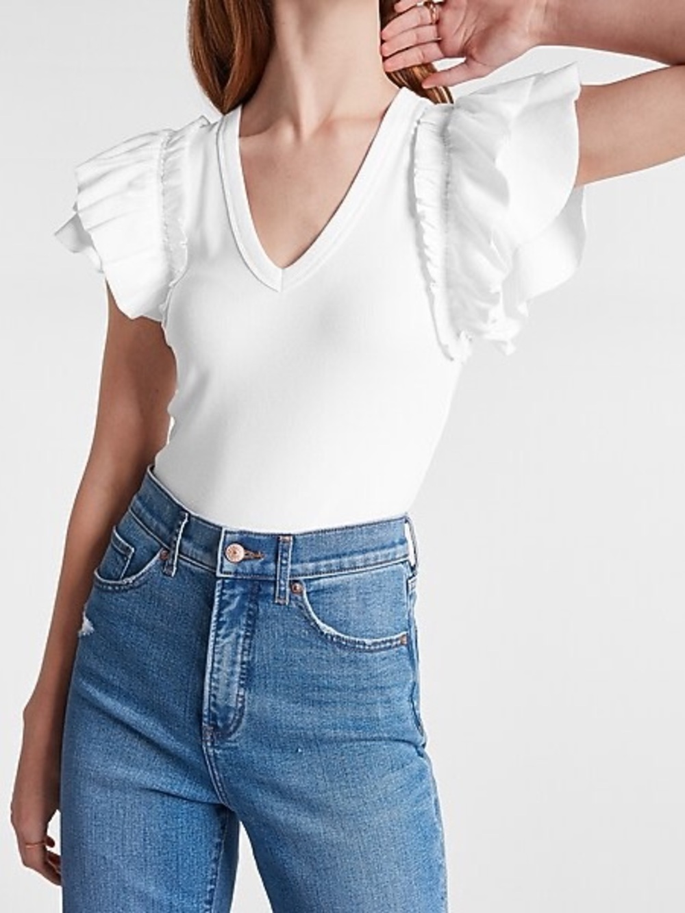 Express White V-Neck Ruffle Sleeve bodysuit